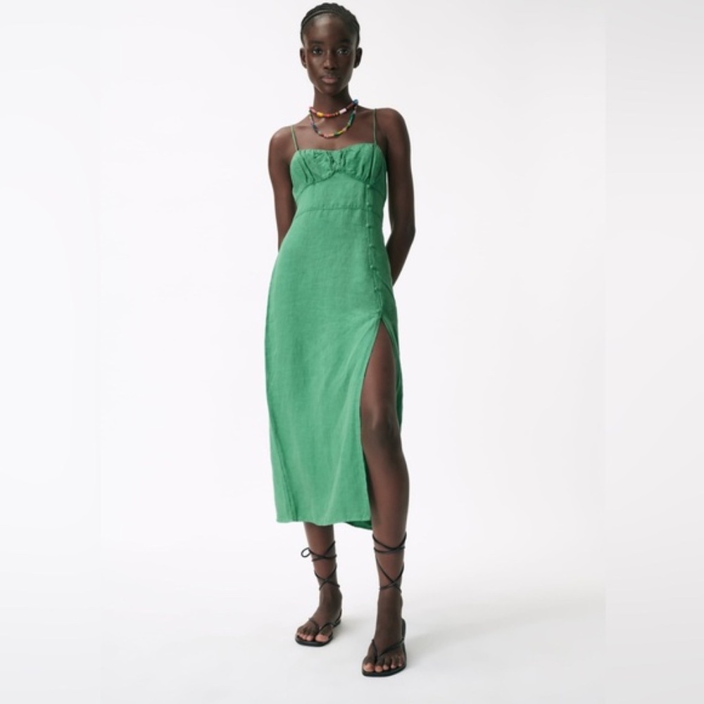 Zara Green Linen Dress with Slit Size S Colorful ~ Holiday!
